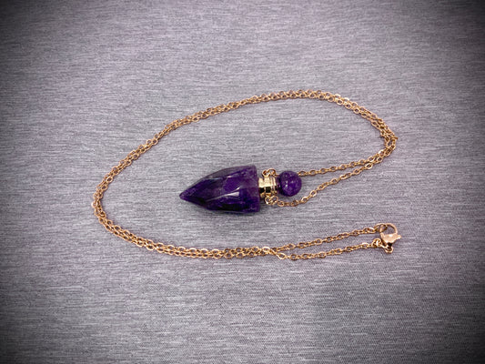 Crystal Amethyst Gemstone (Style #5) Healing Chakra Energy Hollow Stash Pendant Bottle Necklace Mini Spoon for Ash/Oil/Herbs/Powder/Stones