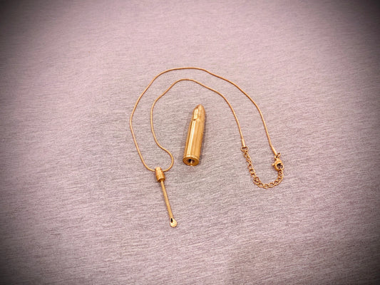 Stunning Gorgeous Golden Metal Glossy Finish Intricate Hollow Snuff Pendant Bottle Container Necklace with Mini Metal Spoon Applicator and Large Capacity for Powder/Ash/Herbs/Oil/Sand/Stones use at Festivals Concerts Raves Love Peace Tranquility Fire